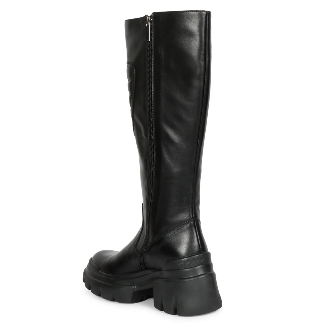 Eloïse Black Leather Lug Sole Long Boots