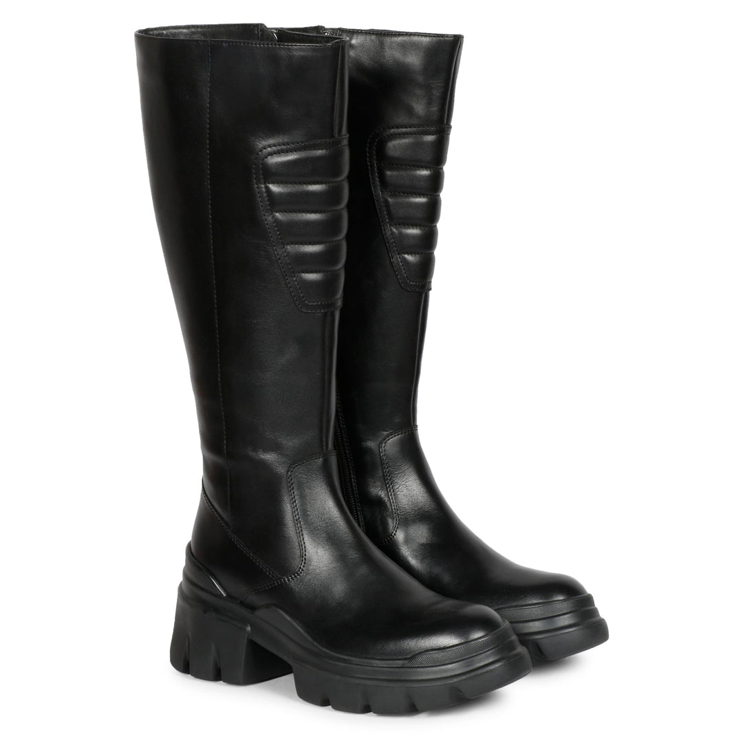 Eloïse Black Leather Lug Sole Long Boots