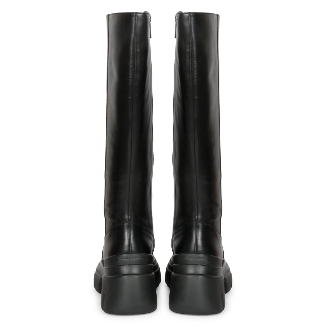 Eloïse Black Leather Lug Sole Long Boots