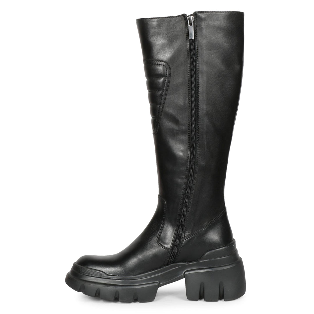 Eloïse Black Leather Lug Sole Long Boots