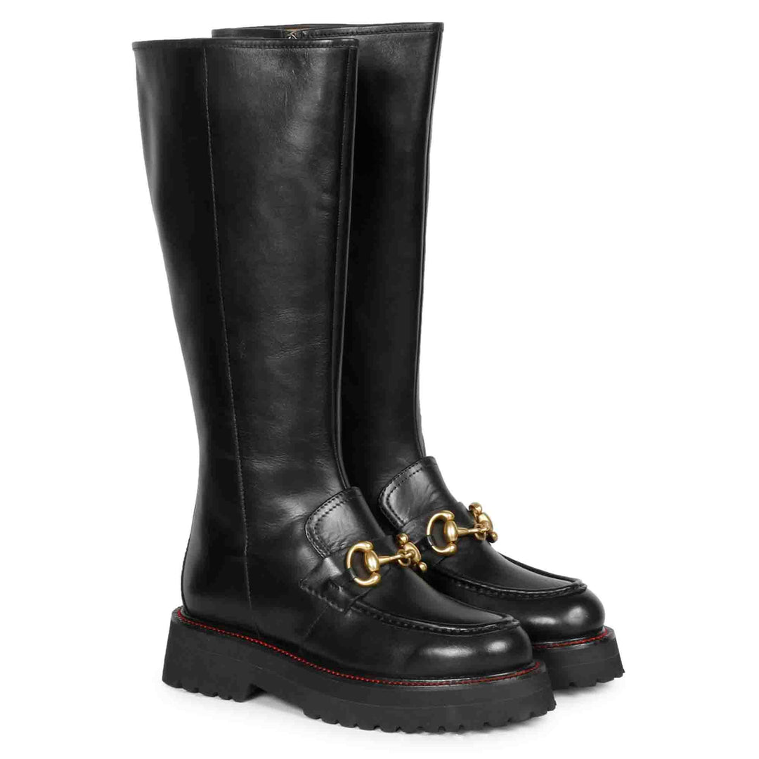 Saint Noble Horse Bit Décor Boots in Sleek Black Leather