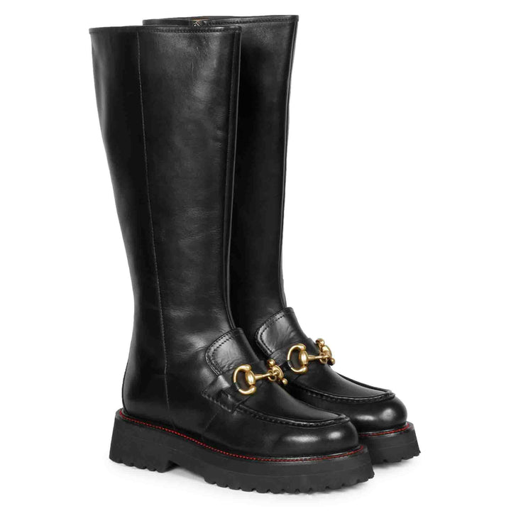 Saint Noble Horse Bit Décor Boots in Sleek Black Leather