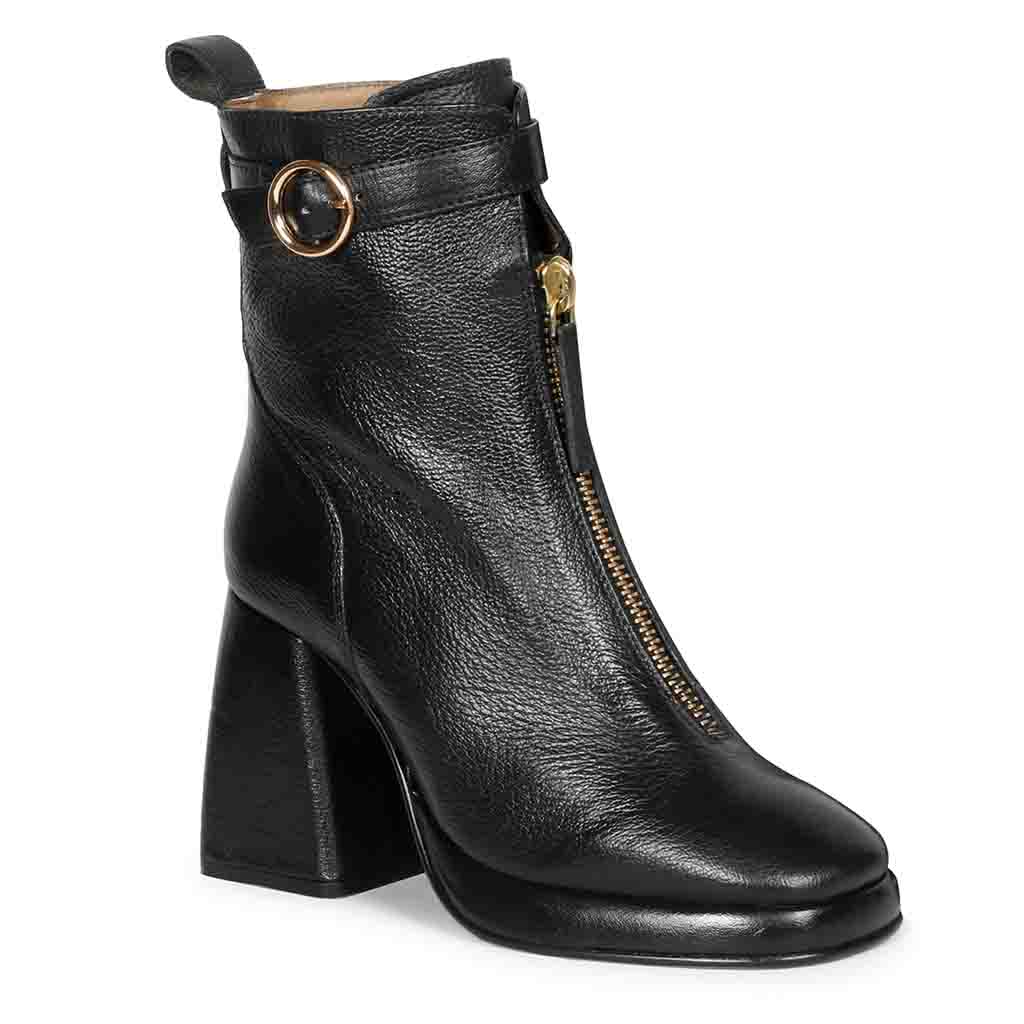 Sleek Saint Henriette Black Leather High Ankle Boots with Front Zipper - Stylish and versatile footwear for a bold fashion statement