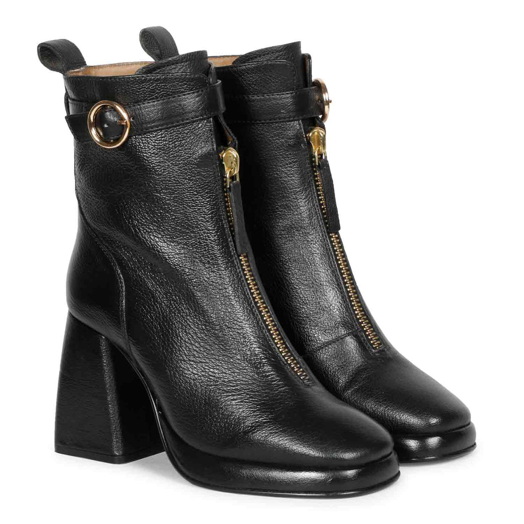 Sleek Saint Henriette Black Leather High Ankle Boots with Front Zipper - Stylish and versatile footwear for a bold fashion statement