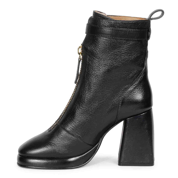 Sleek Saint Henriette Black Leather High Ankle Boots with Front Zipper - Stylish and versatile footwear for a bold fashion statement