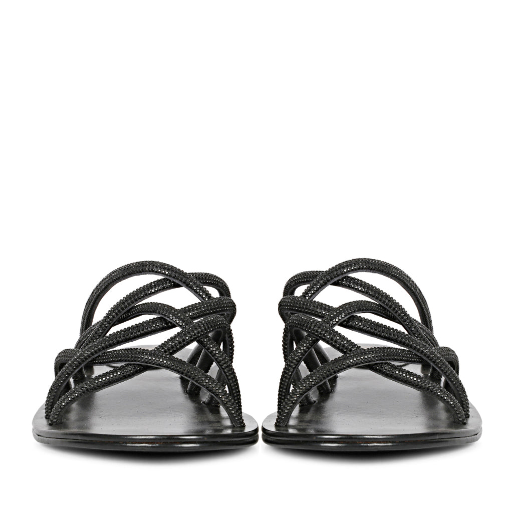 Saint Lorena Black Rhinestone Embellished Cross Strap Sandals