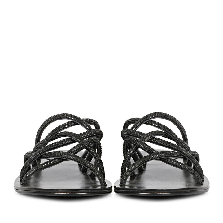 Saint Lorena Black Rhinestone Embellished Cross Strap Sandals