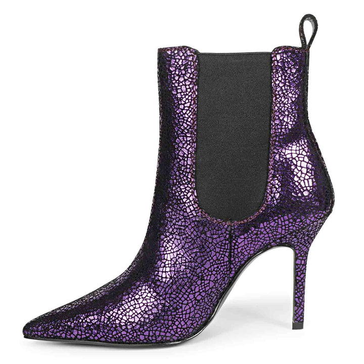 Purple leather kitten heel boots with a sleek and stylish design, perfect for adding a pop of color to your outfit