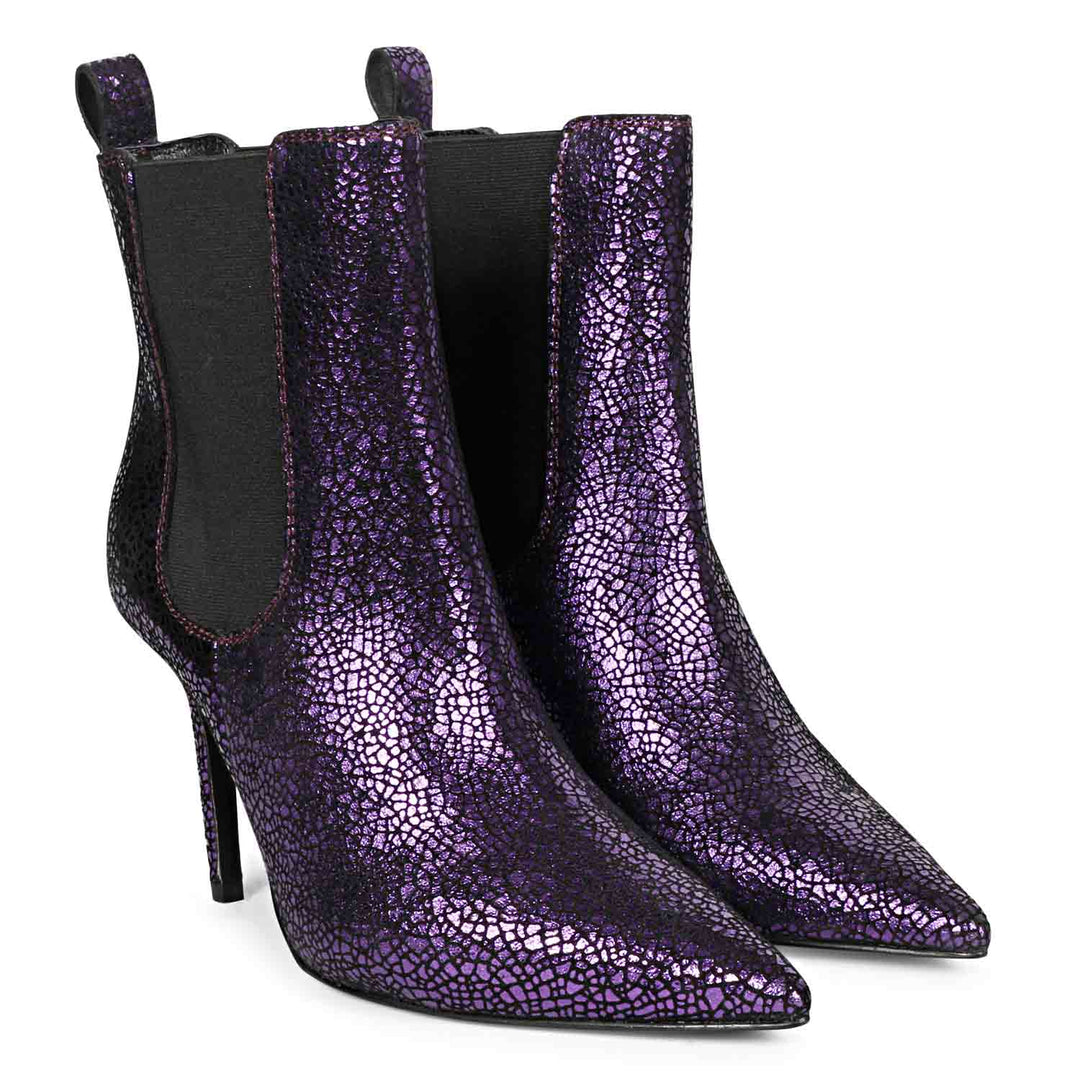 Purple leather kitten heel boots with a sleek and stylish design, perfect for adding a pop of color to your outfit