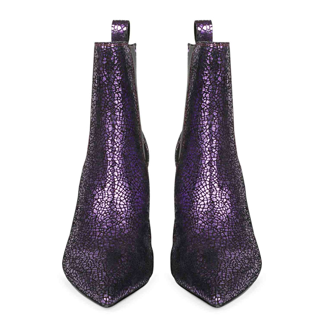 Purple leather kitten heel boots with a sleek and stylish design, perfect for adding a pop of color to your outfit