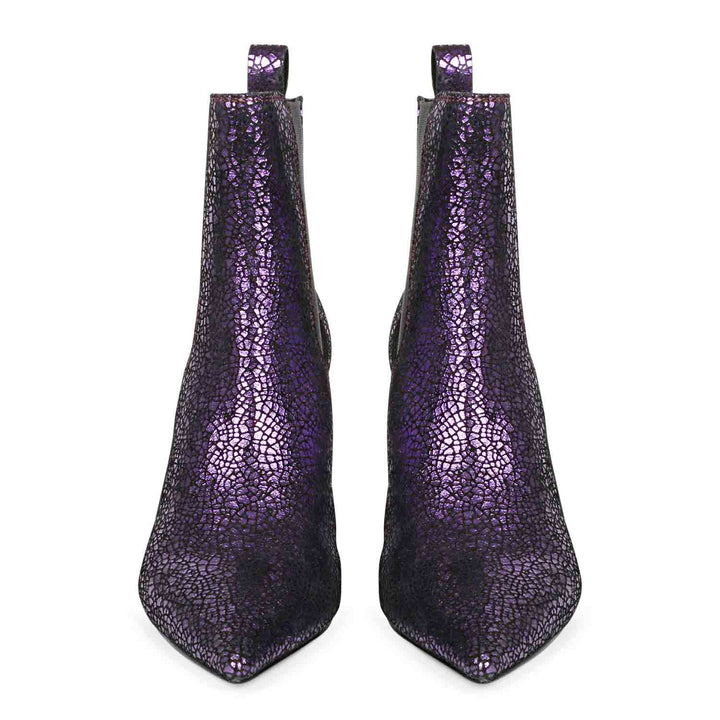 Purple leather kitten heel boots with a sleek and stylish design, perfect for adding a pop of color to your outfit