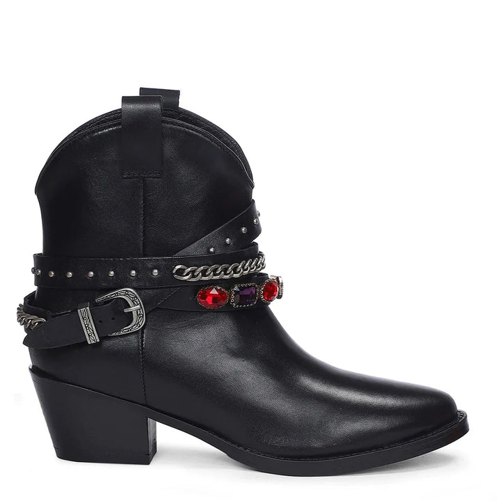 Louanne Black Leather Rhinestone Studded Décor Boots