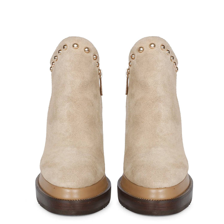 Saint Emily Beige Suede Wedge Boots - Stylish ankle boots with inner wedge heel in luxurious beige suede leather.