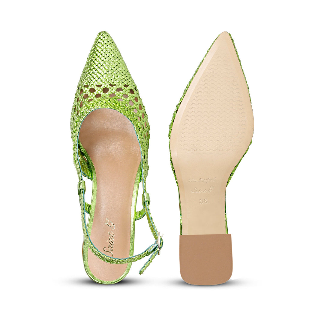 Step into glamour with Saint Fabienne's Green Metallic Block Heels,