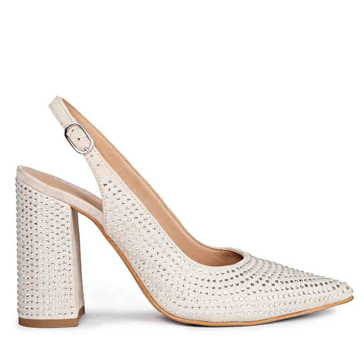 Saint Alyssa Crystal Embellished Off White Leather Pumps