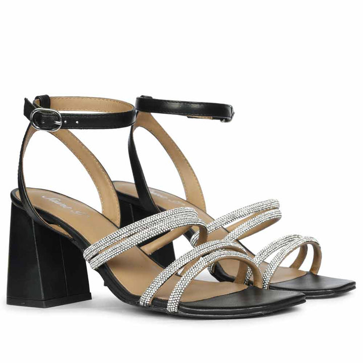 Premium Women's Crystal Cord String Platin Leather Jewel Block Heels