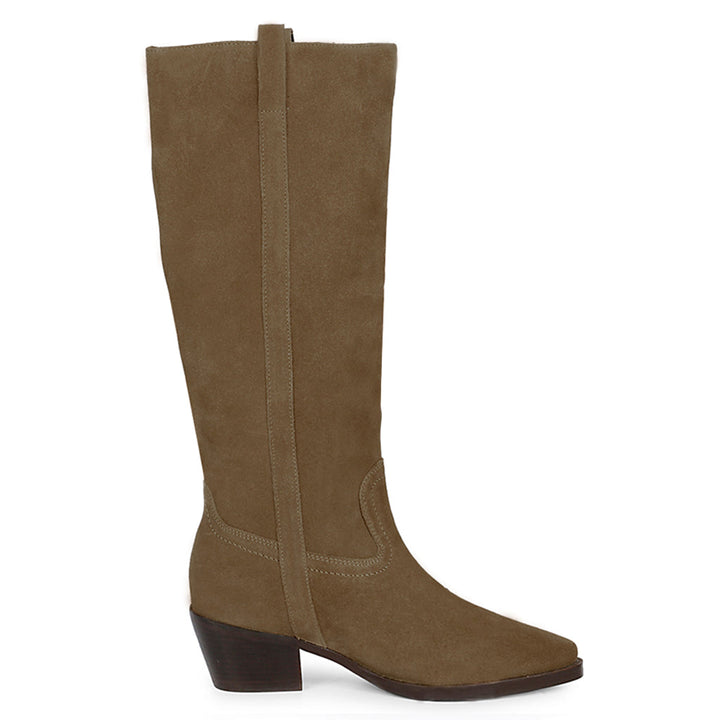 Chic Beige Suede Knee Boots - Saint Diane's pull-on design ensures comfort and style in genuine leather