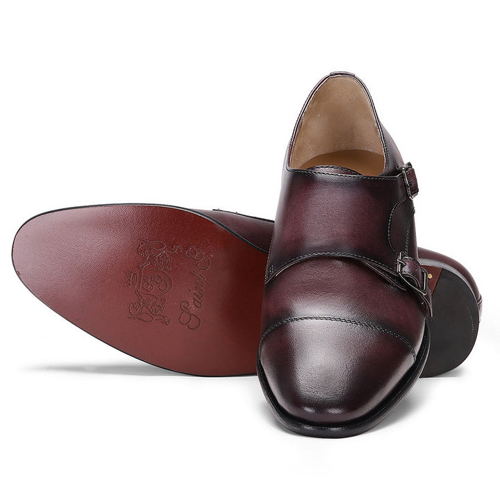 Saint Alboin Two Color Toned Red Leather Double Buckled Monk Strap Shoes