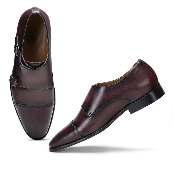 Saint Alboin Two Color Toned Red Leather Double Buckled Monk Strap Shoes