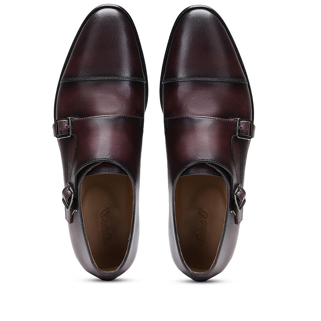 Saint Alboin Two Color Toned Red Leather Double Buckled Monk Strap Shoes