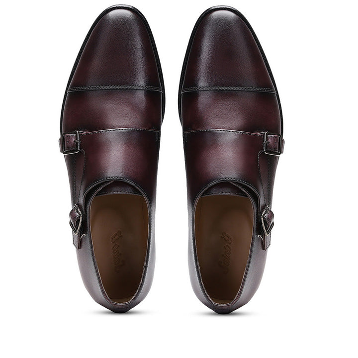 Saint Alboin Two Color Toned Red Leather Double Buckled Monk Strap Shoes
