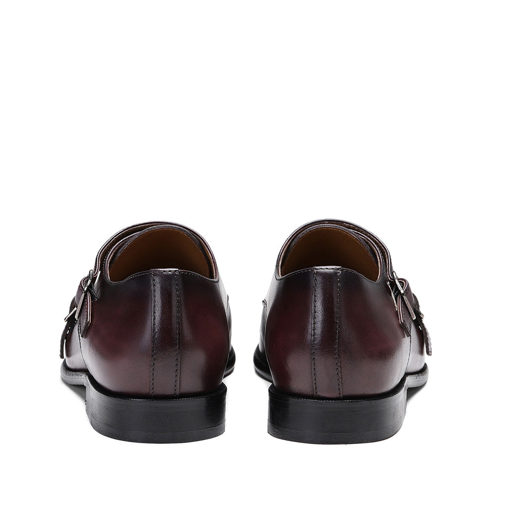 Saint Alboin Two Color Toned Red Leather Double Buckled Monk Strap Shoes