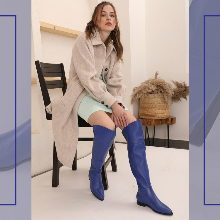 Saint Grace Blue Leather Thigh High Boots