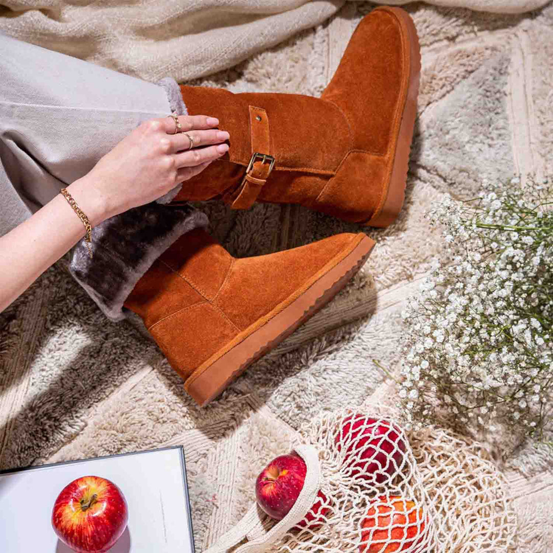 Chic Saint Aurelia Tan Suede Snug Boots with Buckle Detail - Stylish and comfortable leather footwear for a fashionable look