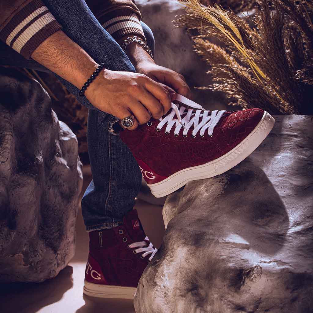 Croco Embossed Burgundy Leather Sneakers for men