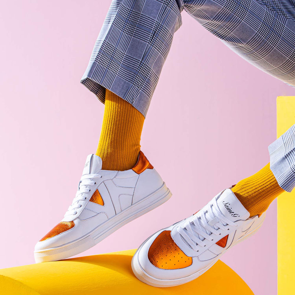 White & Orange Leather Sneakers for mens