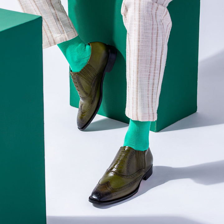 Saint Vincenzo Olive Leather Square Toe Lace Up Décor Shoes