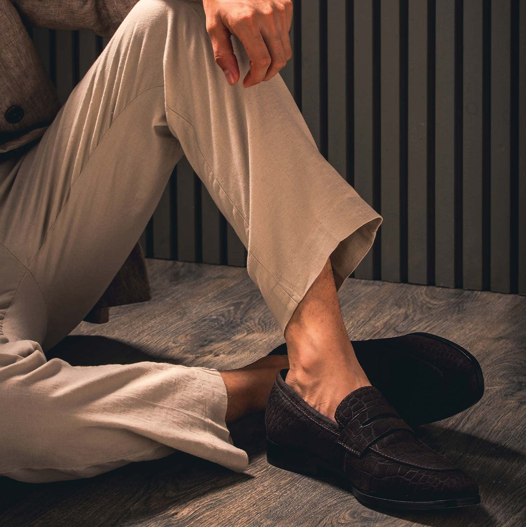 Brown Suede Croco Print Leather Loafers for mens