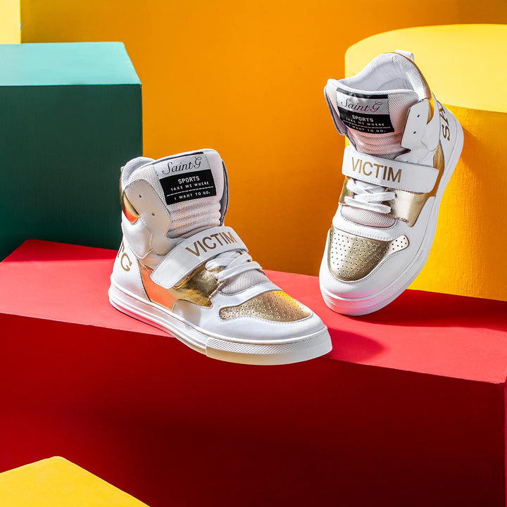 White & Gold Leather Sneakers for mens