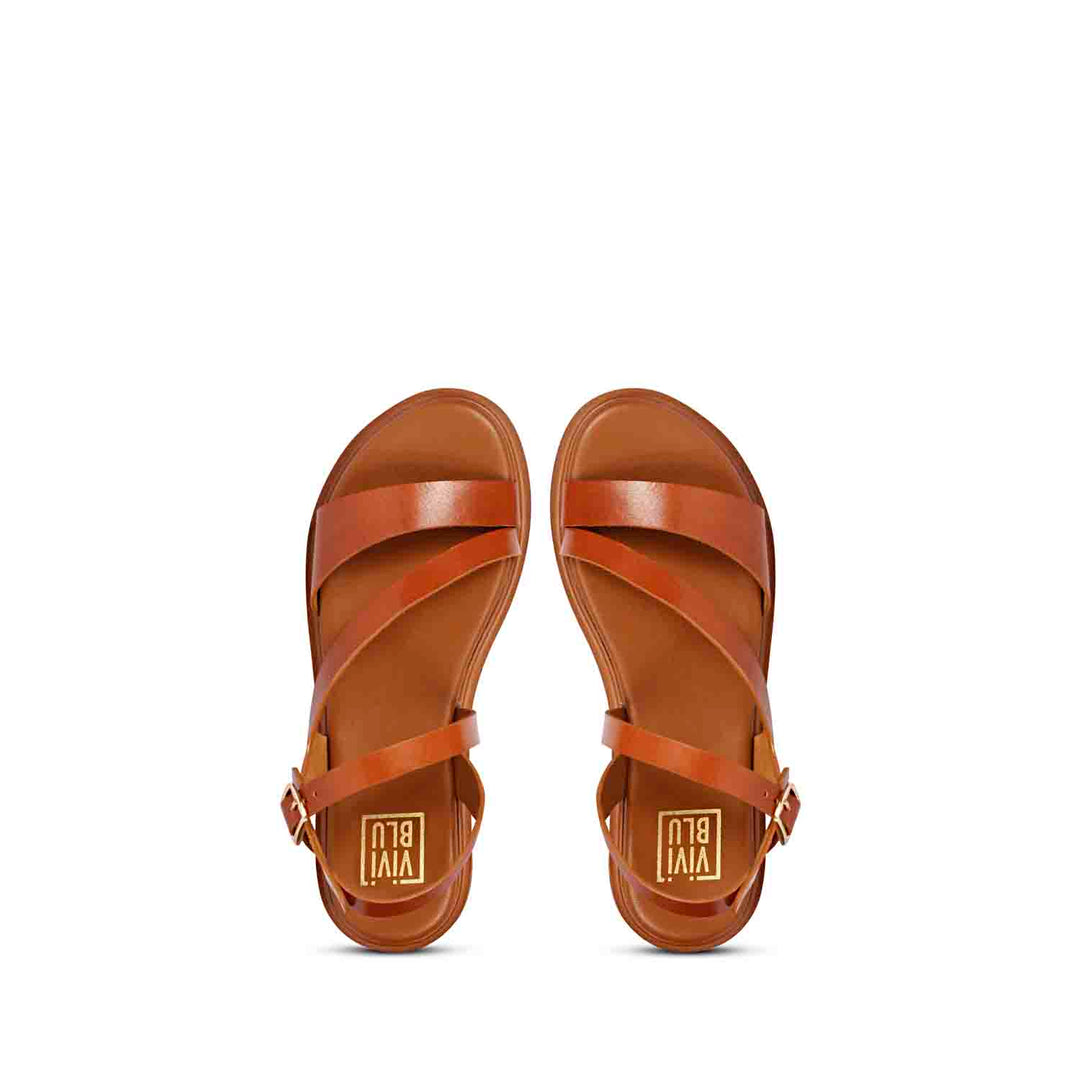 ViviBlu Kamla Cognac Leather Flat Sandals