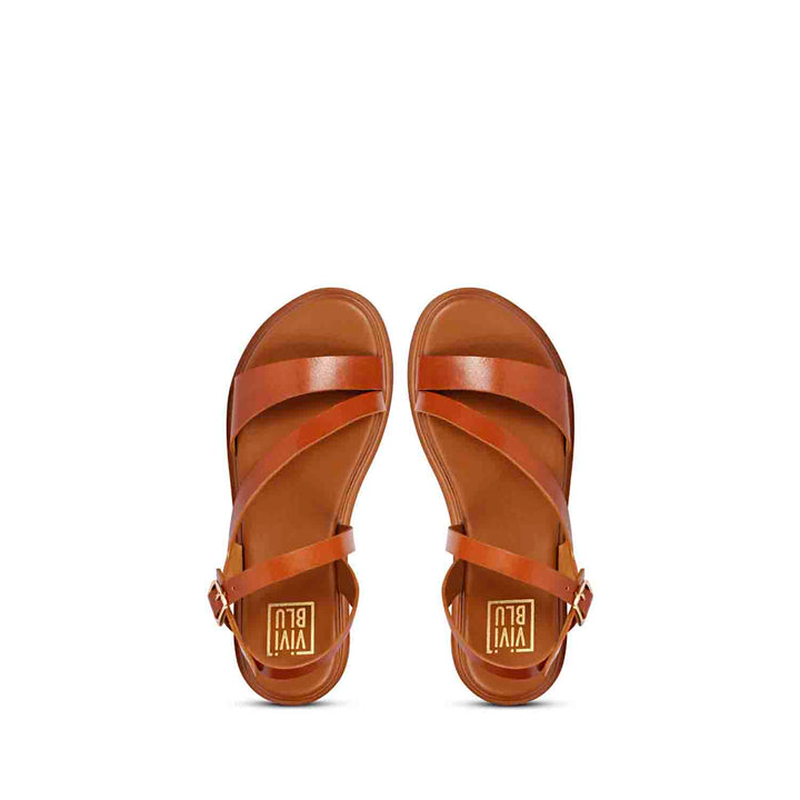 ViviBlu Kamla Cognac Leather Flat Sandals