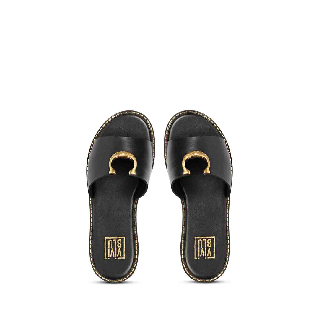 ViviBlu Amber Black Leather Flat Sandals