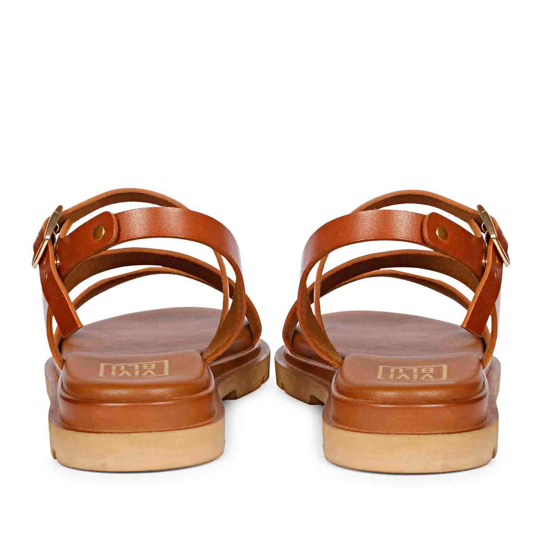 ViviBlu Kamla Cognac Leather Flat Sandals