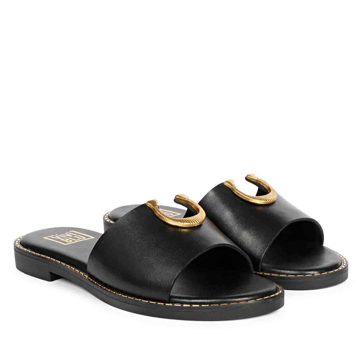 ViviBlu Amber Black Leather Flat Sandals