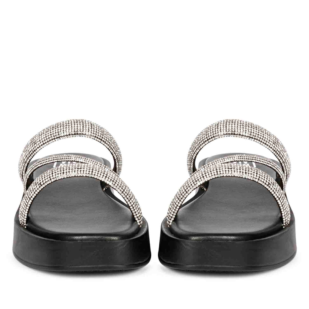 ViviBlu Ren Black Leather Platform Sandals Embellished With Silver Straps