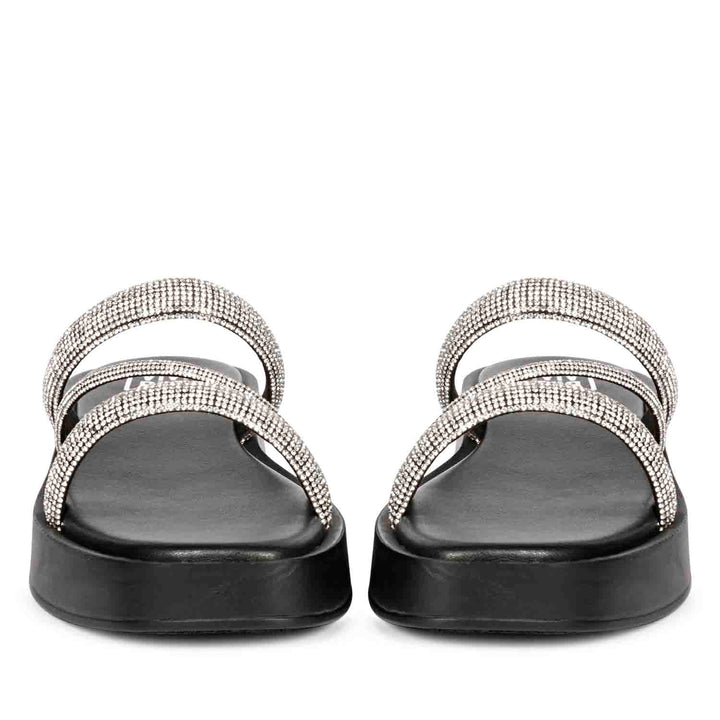 ViviBlu Ren Black Leather Platform Sandals Embellished With Silver Straps