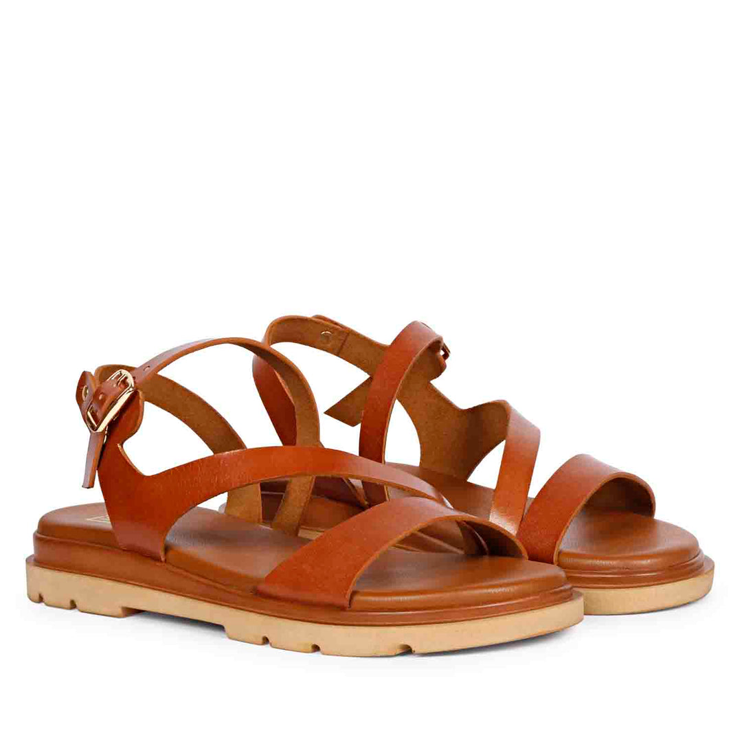 ViviBlu Kamla Cognac Leather Flat Sandals