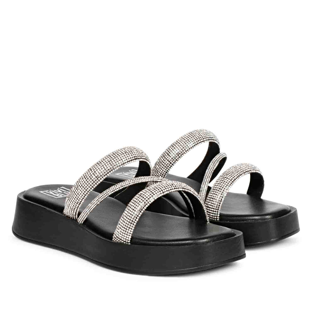 ViviBlu Ren Black Leather Platform Sandals Embellished With Silver Straps