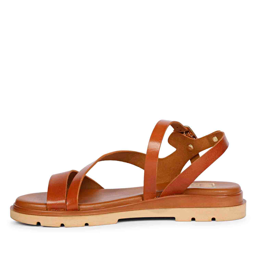 ViviBlu Kamla Cognac Leather Flat Sandals