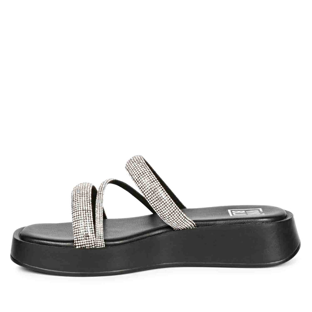 ViviBlu Ren Black Leather Platform Sandals Embellished With Silver Straps