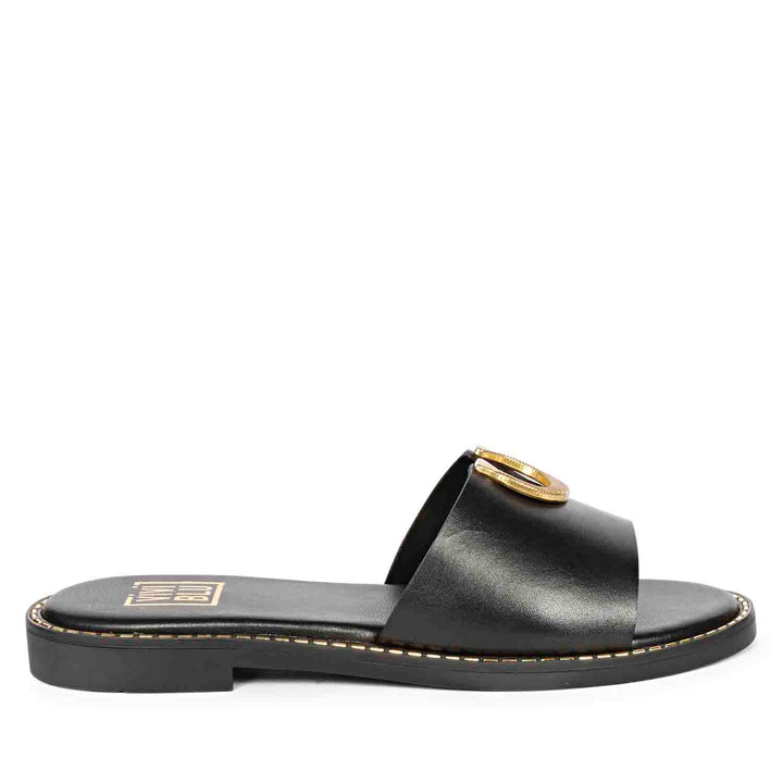 ViviBlu Amber Black Leather Flat Sandals