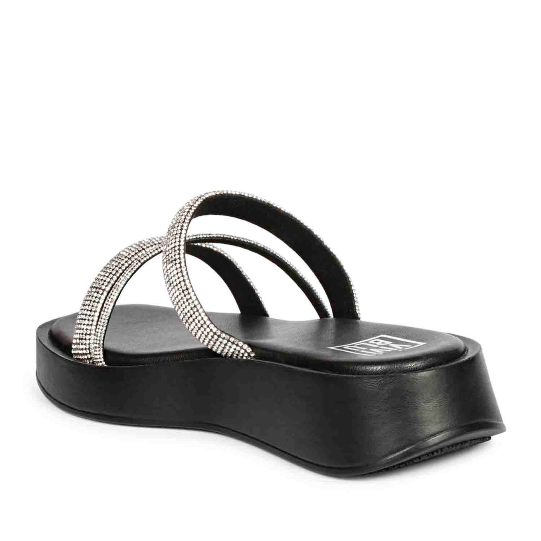 ViviBlu Ren Black Leather Platform Sandals Embellished With Silver Straps