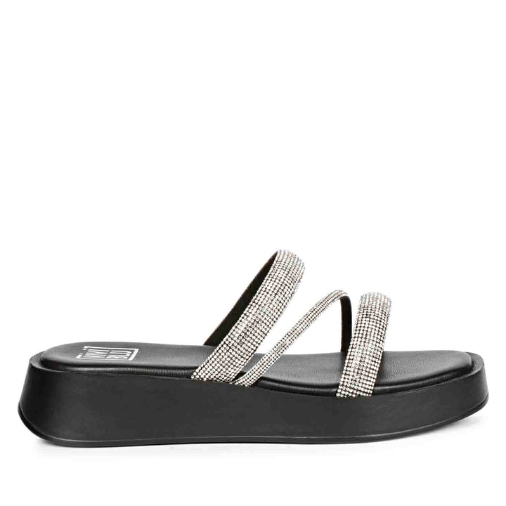 ViviBlu Ren Black Leather Platform Sandals Embellished With Silver Straps