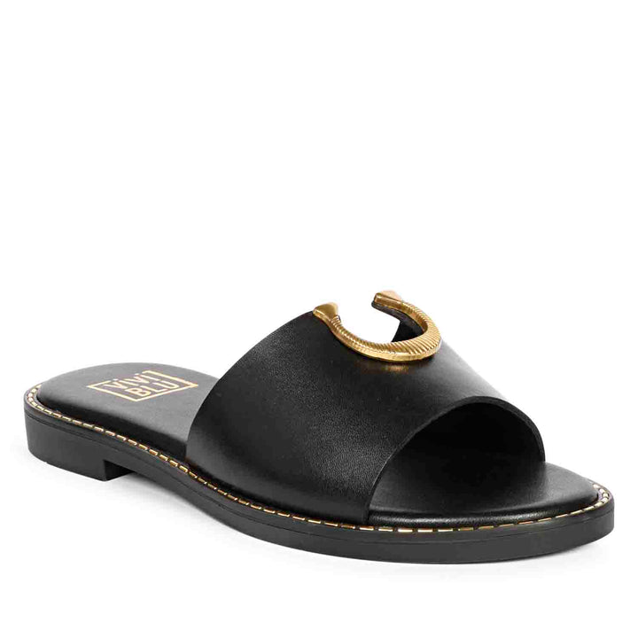 ViviBlu Amber Black Leather Flat Sandals