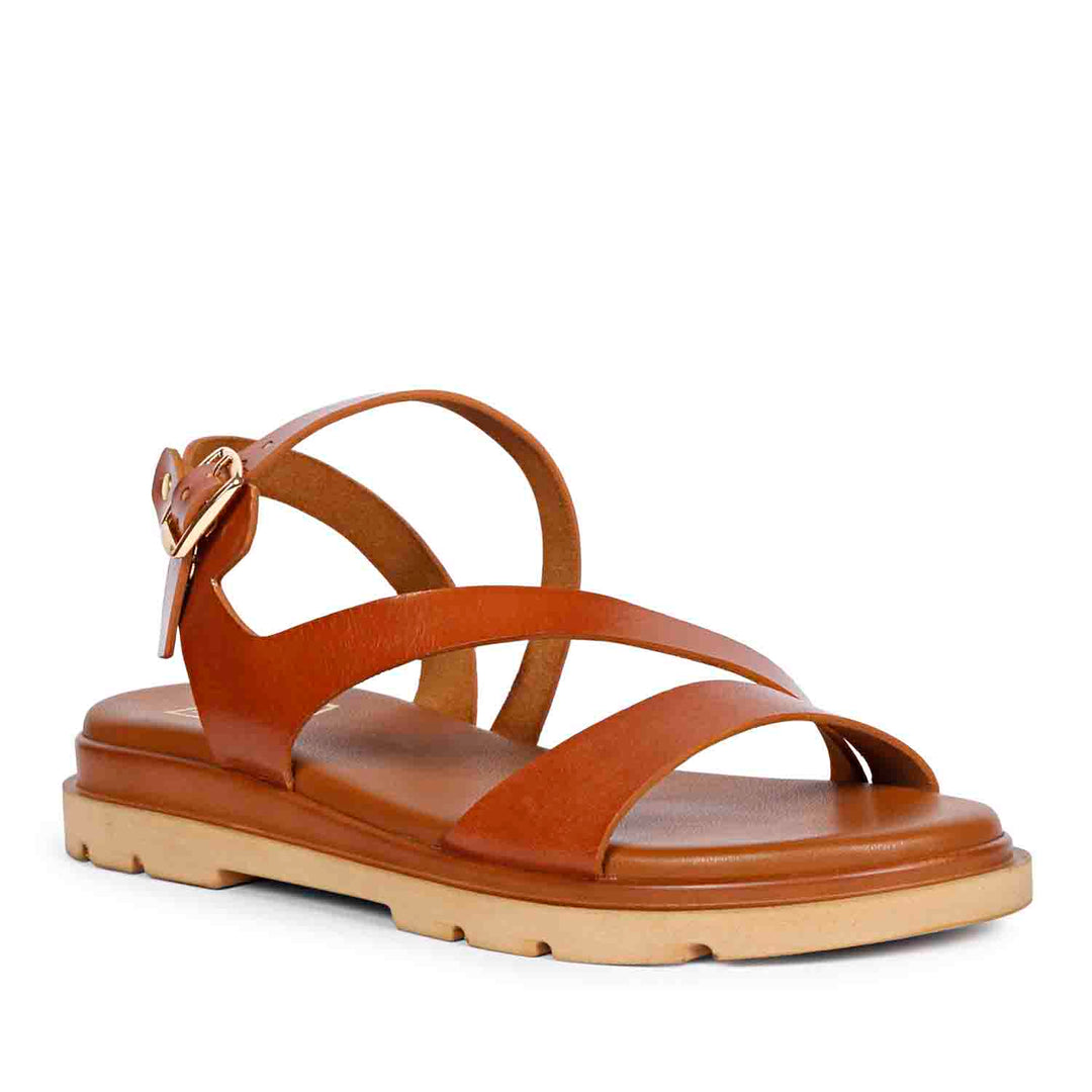 ViviBlu Kamla Cognac Leather Flat Sandals