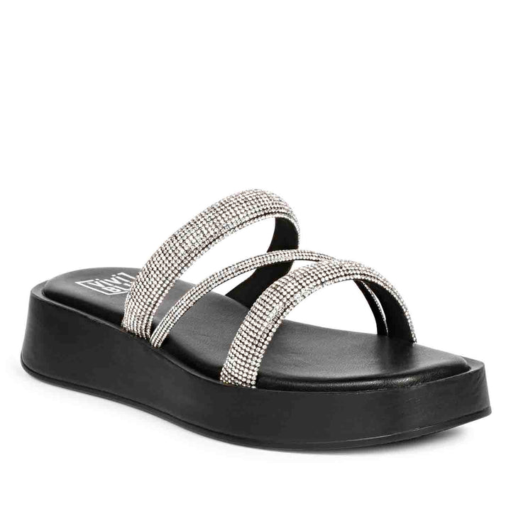 ViviBlu Ren Black Leather Platform Sandals Embellished With Silver Straps